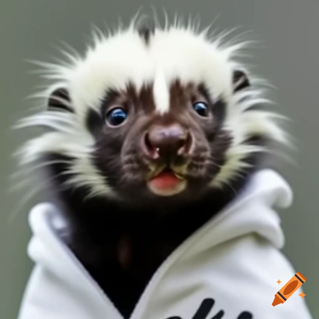 Skunk wearing a white sweatshirt