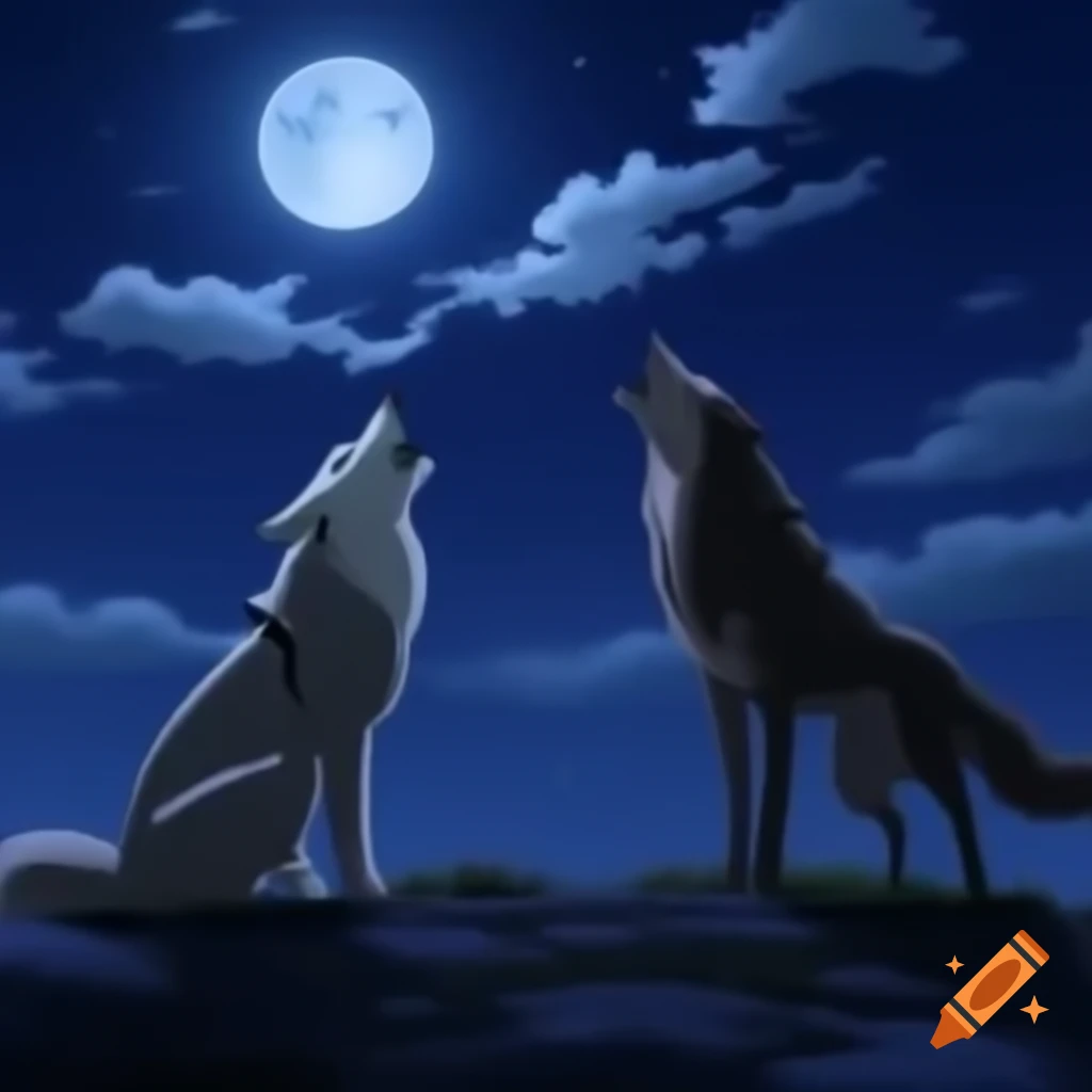 Pair of wolves howling beneath a full moon at night