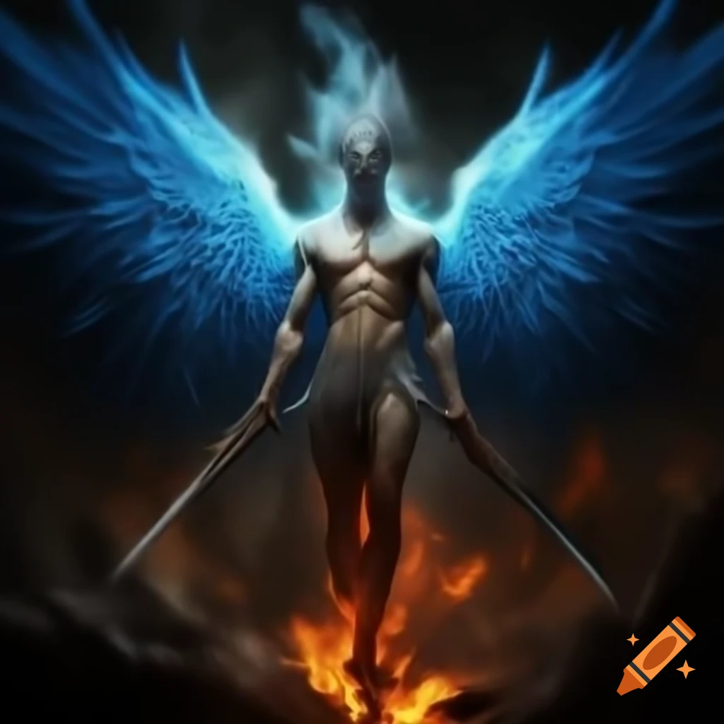 Illustration of an Akuma with bright blue wings and fiery eyes