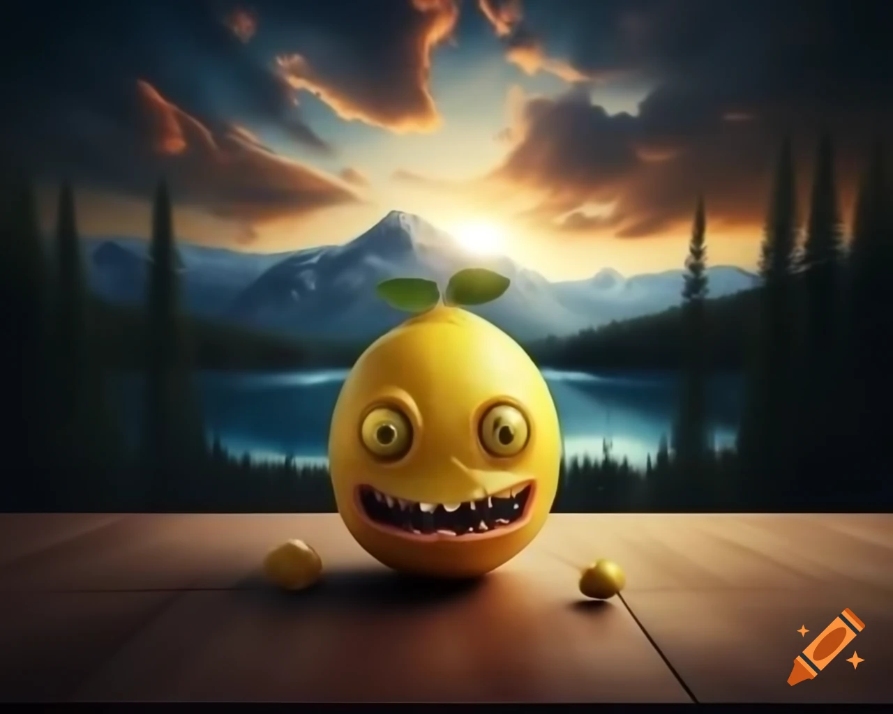 Surreal lemon monster sculpture with human features in forest setting