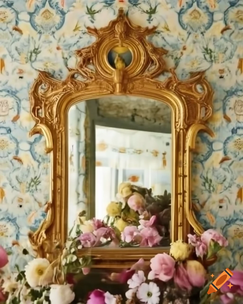 Antique mirror with golden details against floral wallpaper