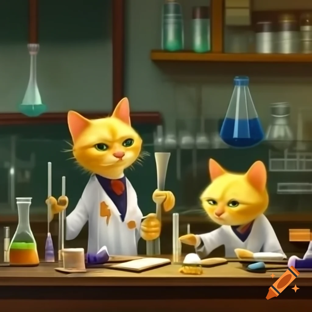 Two yellow cats as laboratory technicians in a pathology lab setting