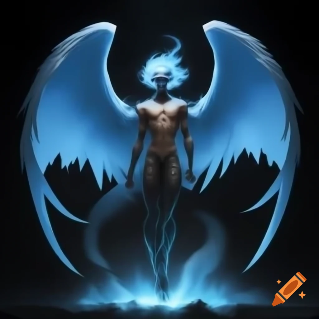 Illustration of an Akuma with bright blue wings and fiery eyes
