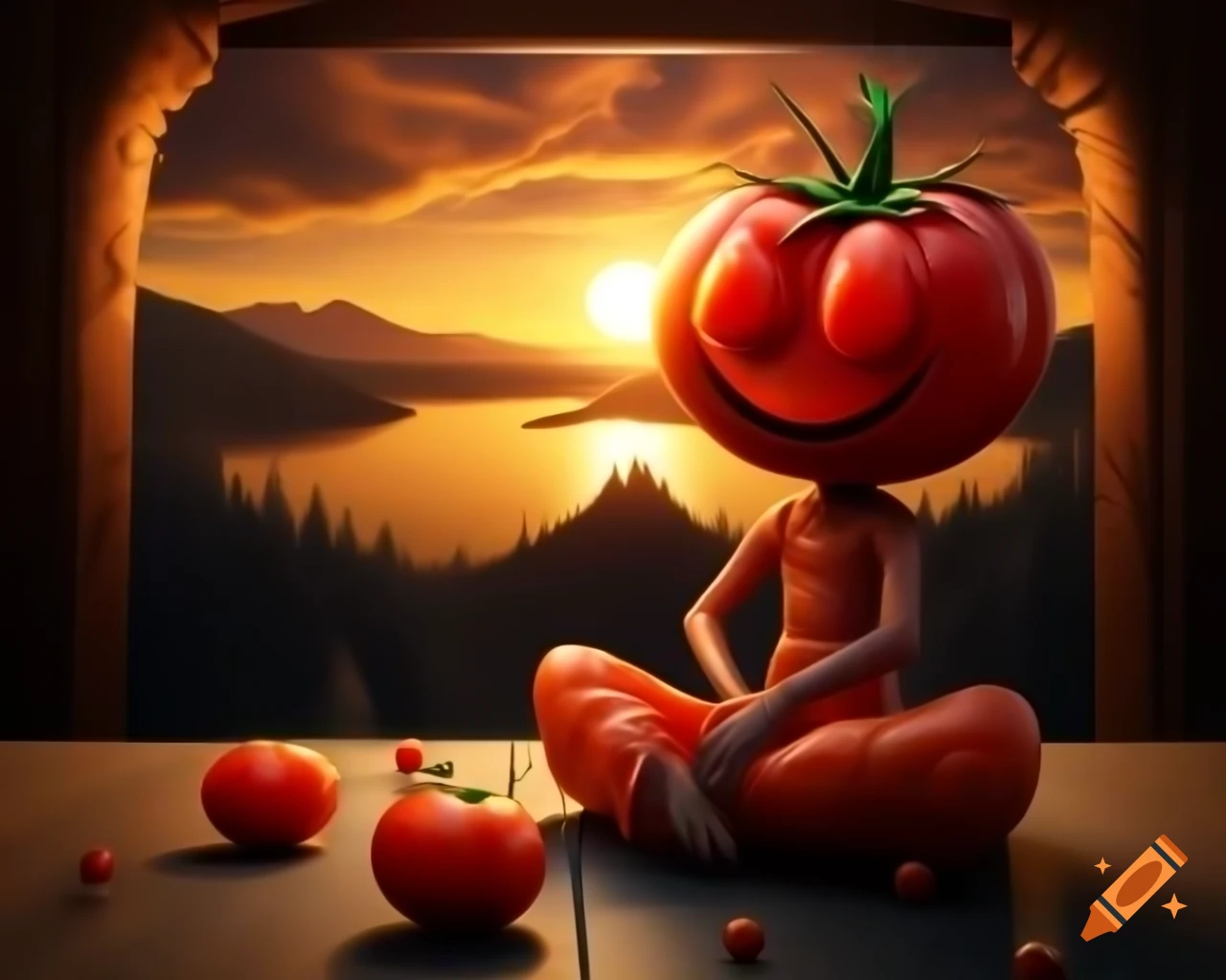 Photorealistic 3D render of human face made of tomatoes surrounded by tomatoes