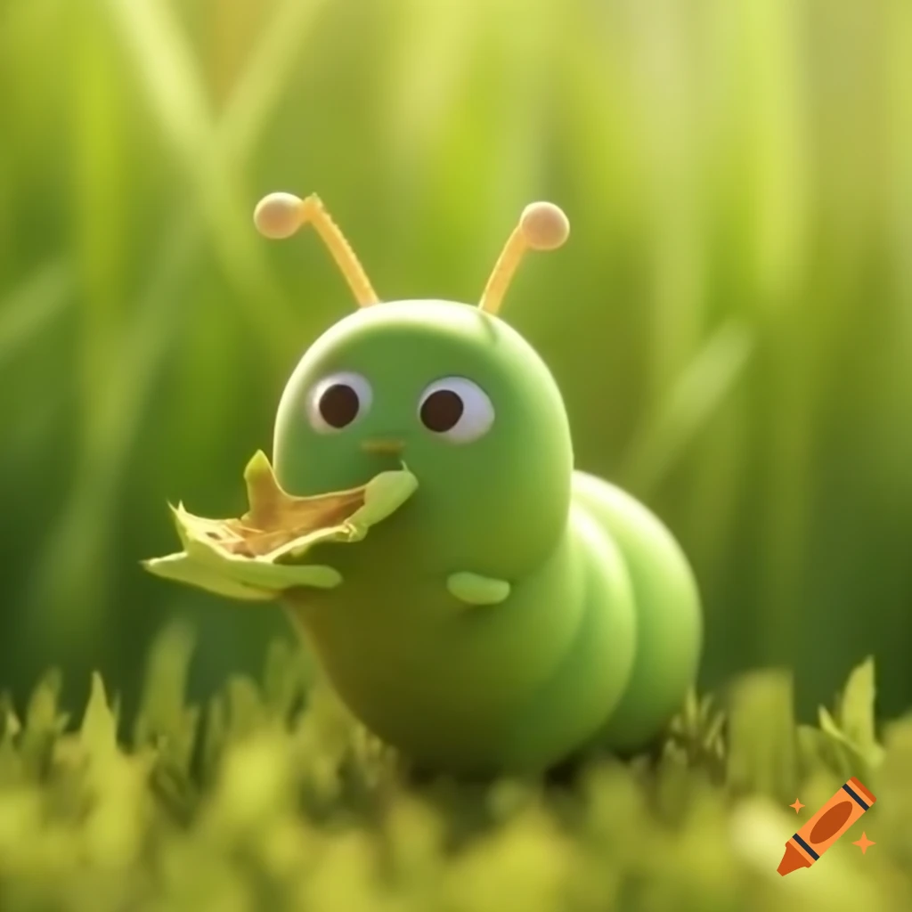 Tiny green caterpillar eating green leaf in grass field, animated style