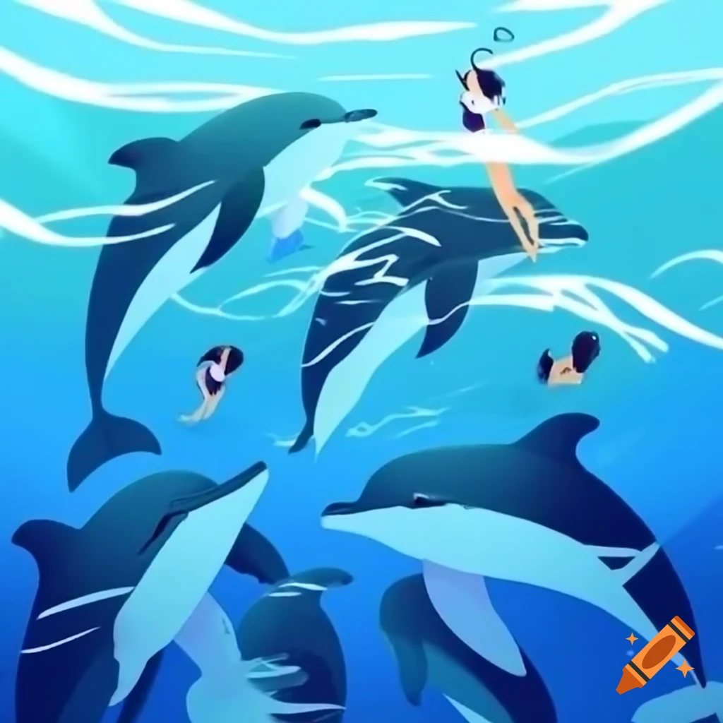 Women diving surrounded by dolphins in the sea