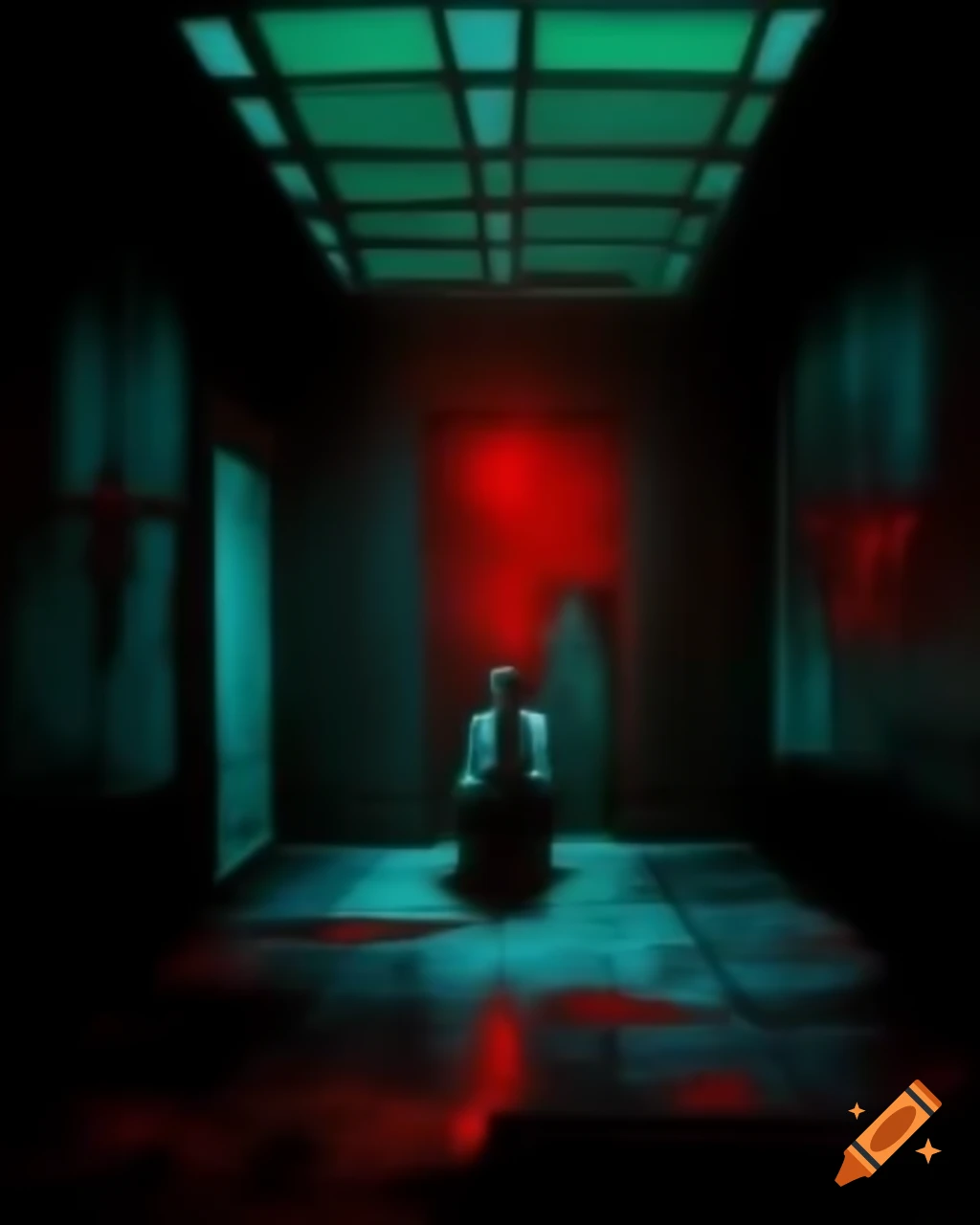 Eerie room with dim lighting and a person standing amidst dark mist