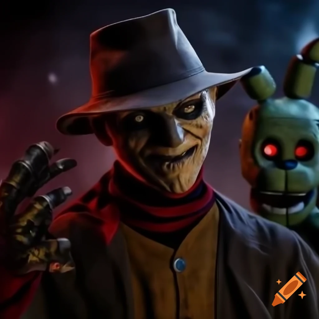 Freddy Krueger battling Springtrap in a horror-themed scene
