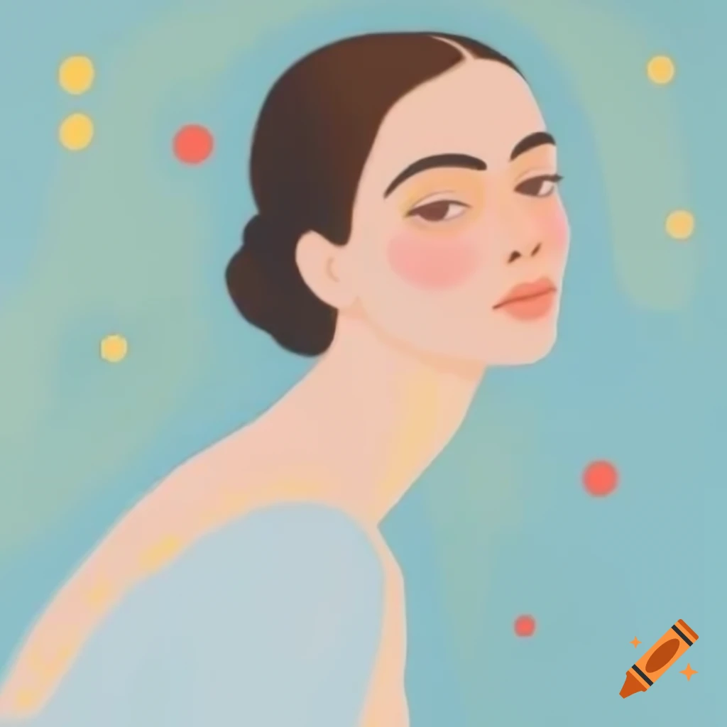 Minimalist portrait of woman in blue dress with golden dots, soft abstract style