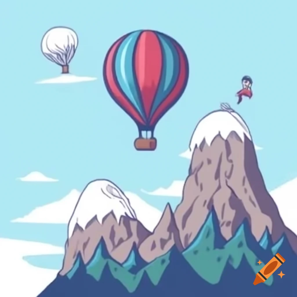 Gigantic hot air balloon above high mountain with narrow tunnel, man looking towards balloon