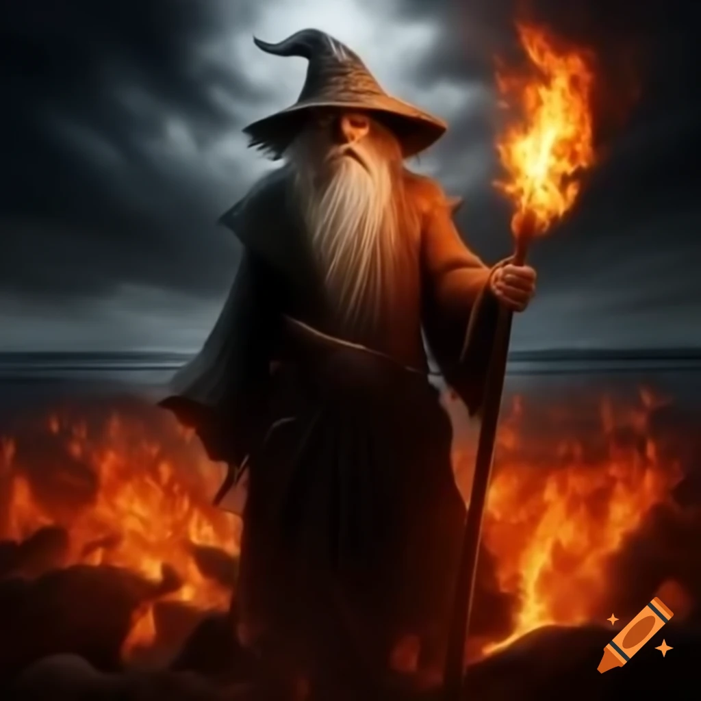 Old wizard rising through flames at gloomy lake