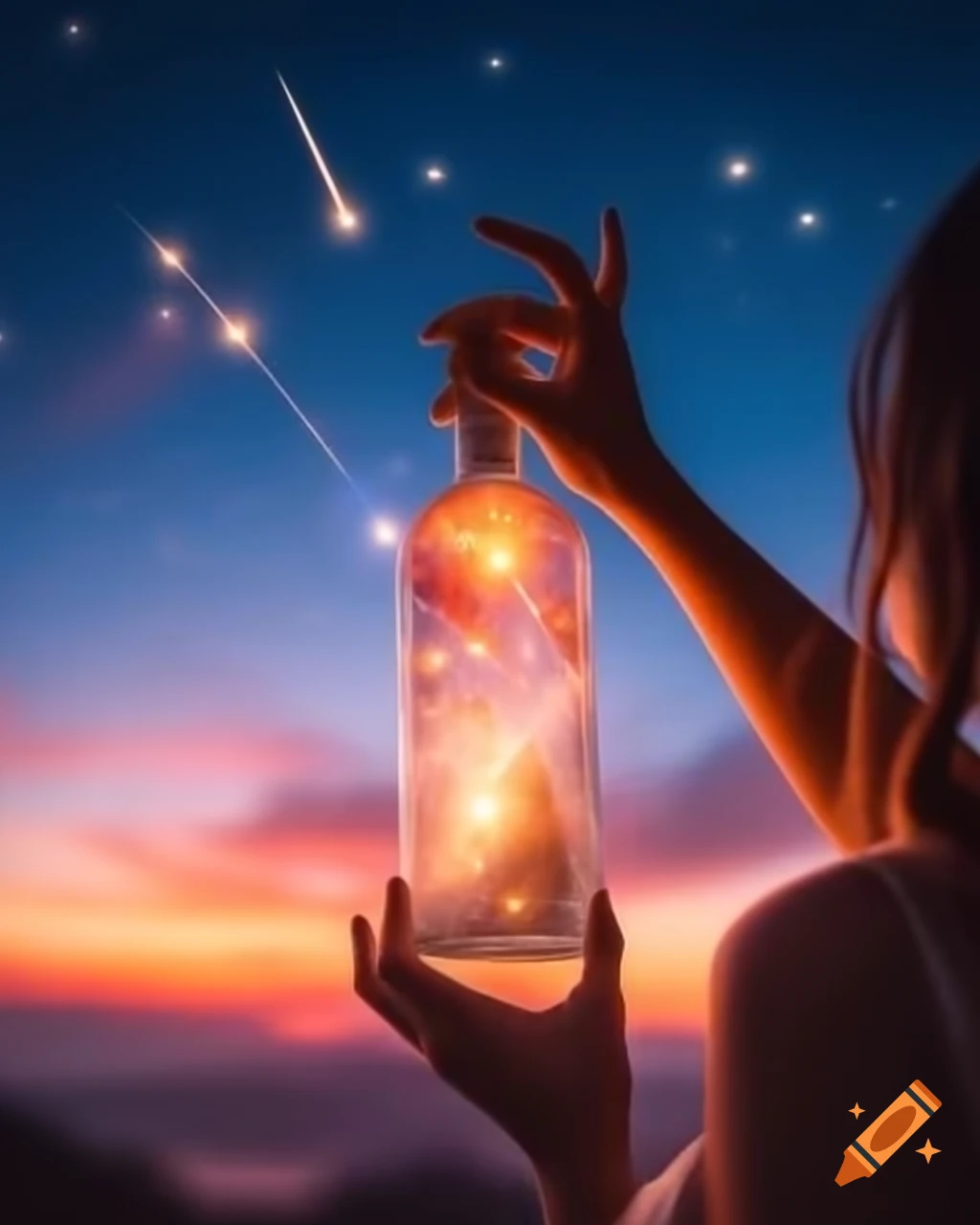 Woman releasing glowing stars from glass bottle into sunset sky