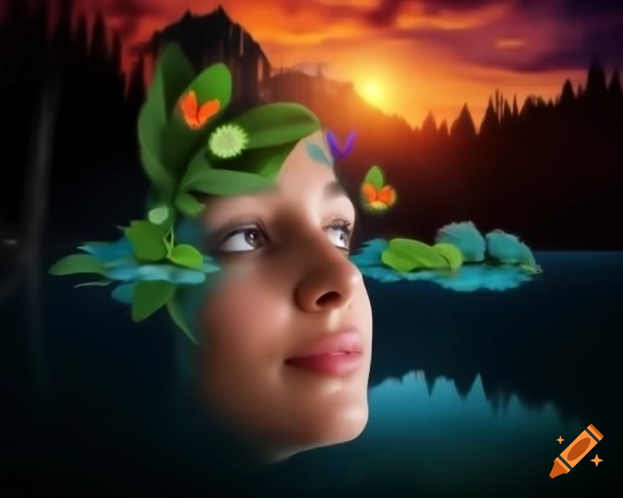 Surreal 3D render of woman's face in forest with old growth trees and butterflies
