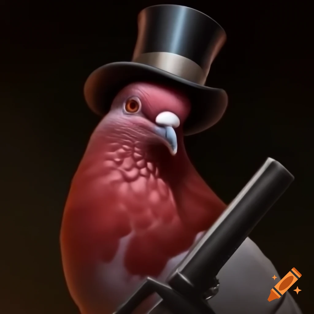 Realistic red pigeon with top hat holding a gun