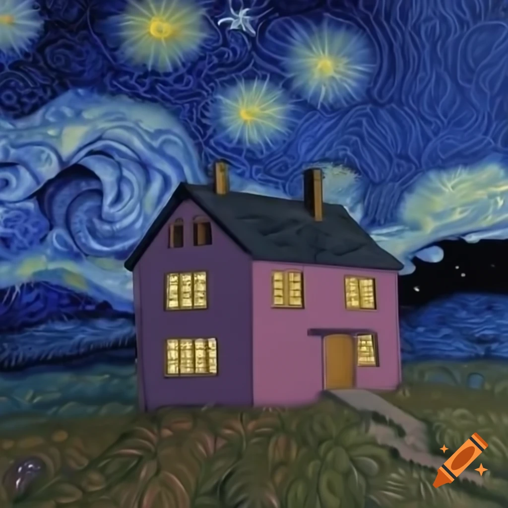 Pink house under starry night sky in Van Gogh style