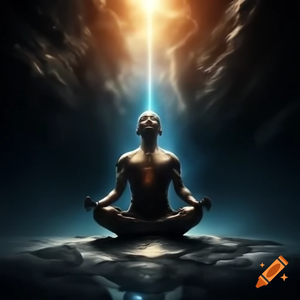 Meditating person surrounded by glowing golden light in the center of Earth