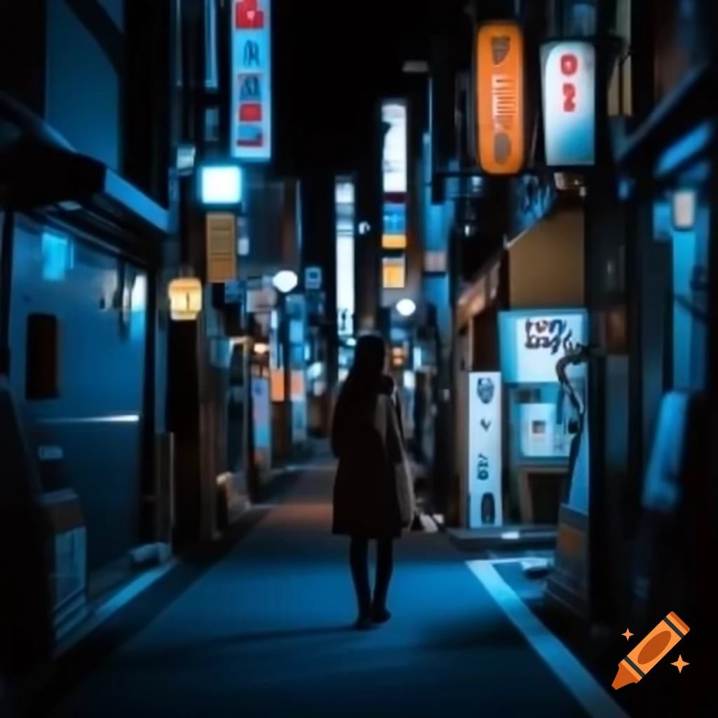 Solitary girl walking in empty Tokyo street at evening