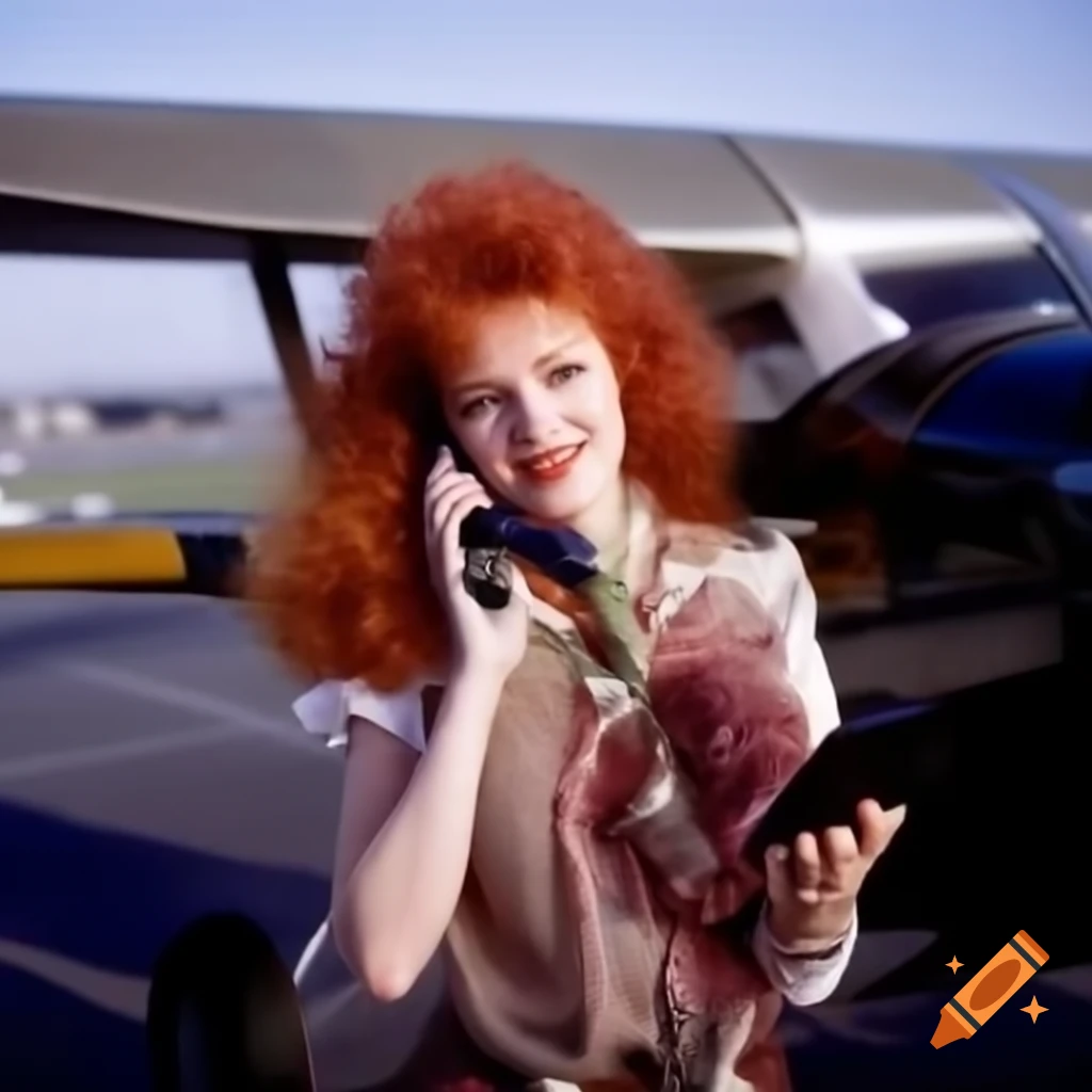 70s redheaded Texan glamazon stepping off plane in Buenos Aires, using 1980s cellular phone