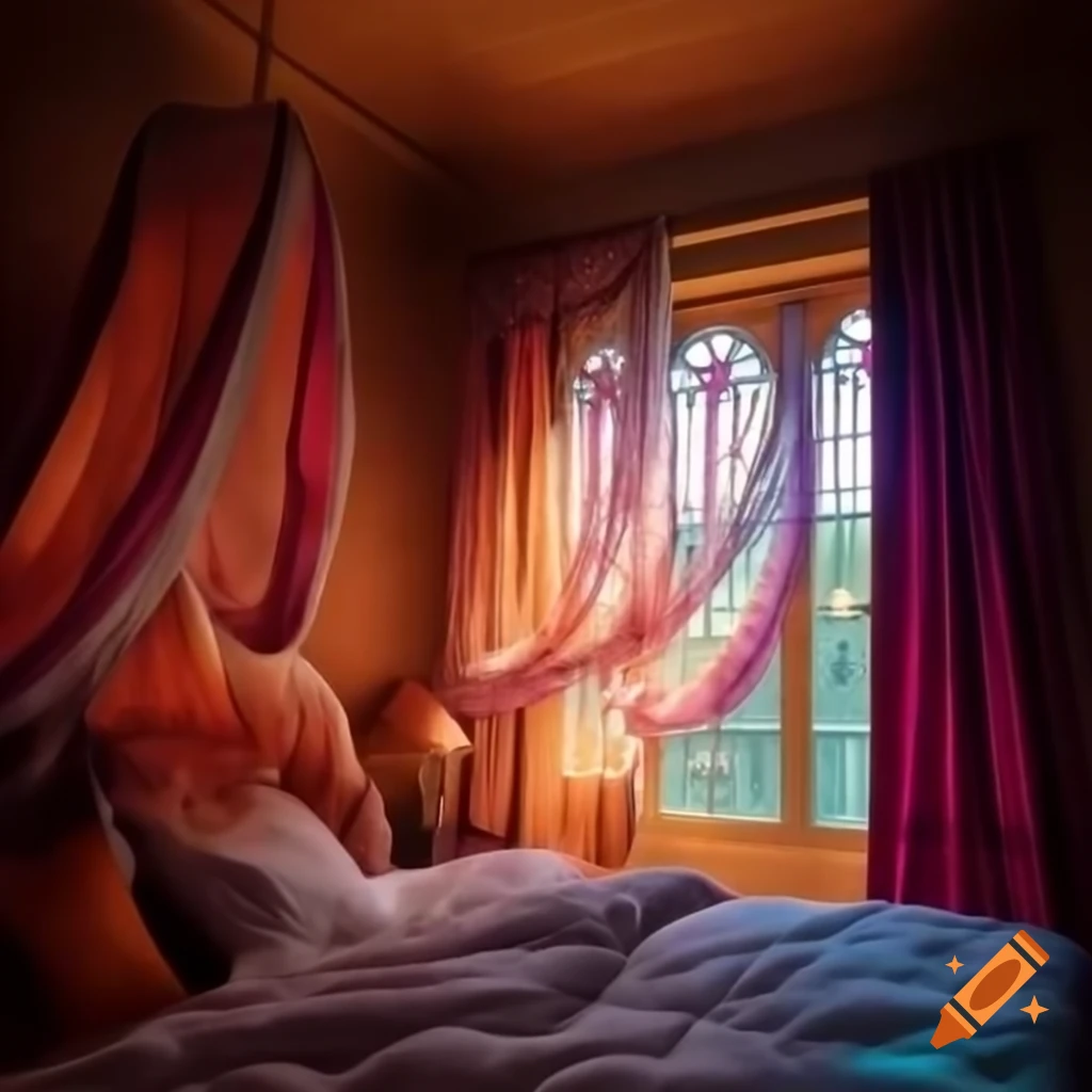 Bedroom with jewel toned decor and stained glass window glow