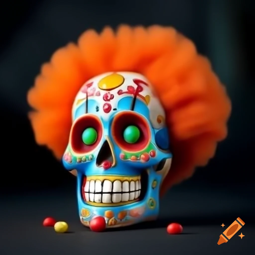 Colorful Dia de Muertos sugar skull with clown features