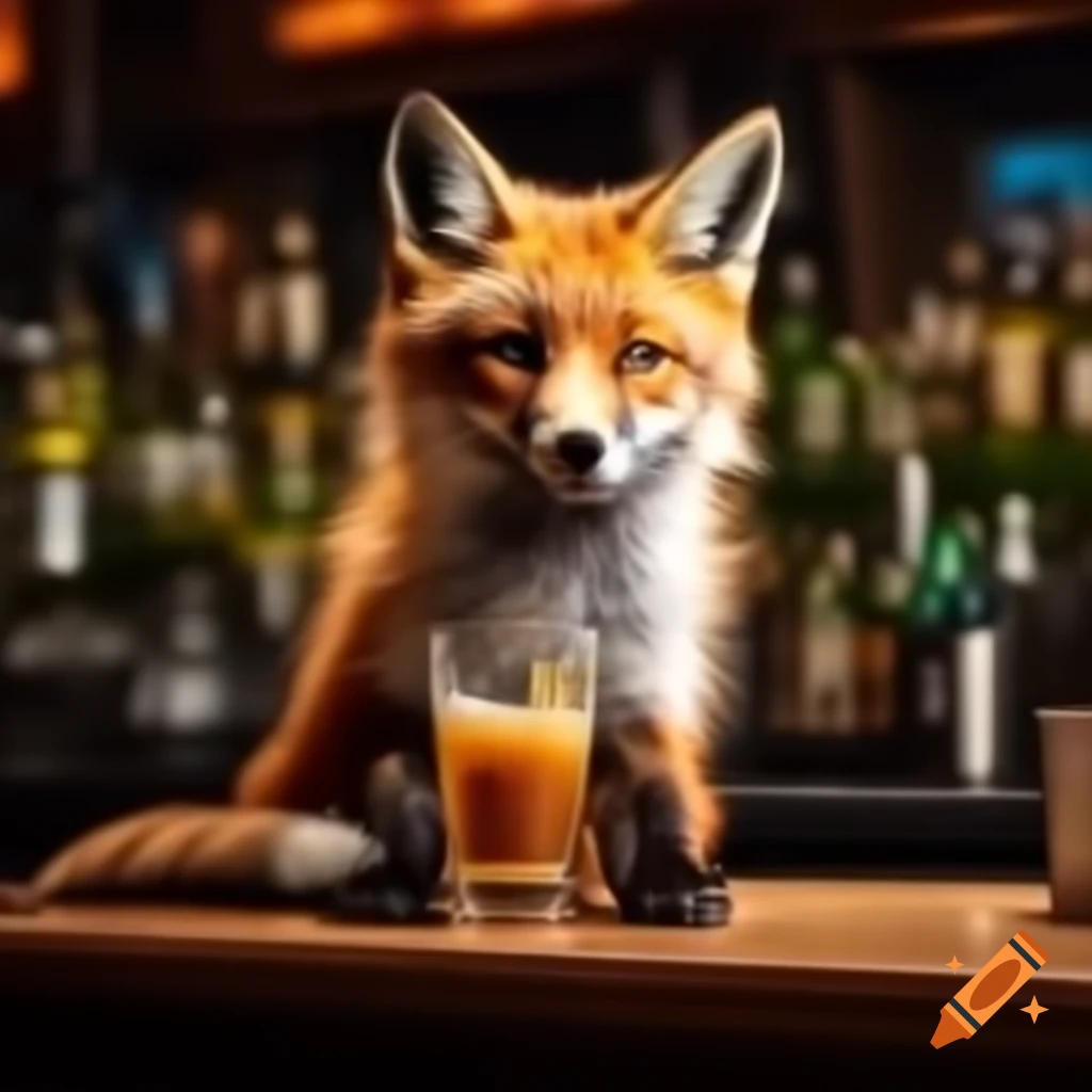 Fox eating a banana leaning against a bar counter
