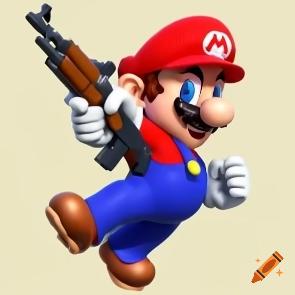 Mario character holding an AK47 in a playful context