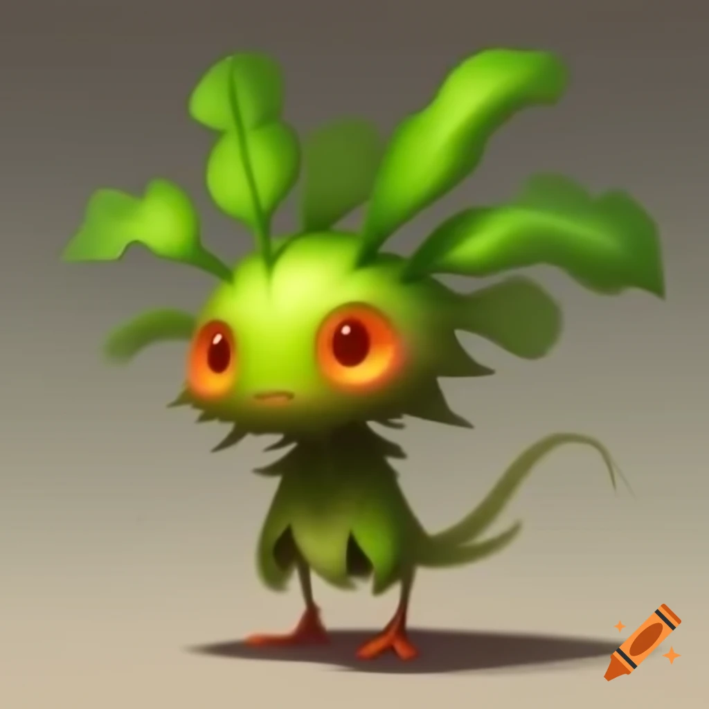 Chibi-style leafy plant creature with green upper body and orange-red lower body