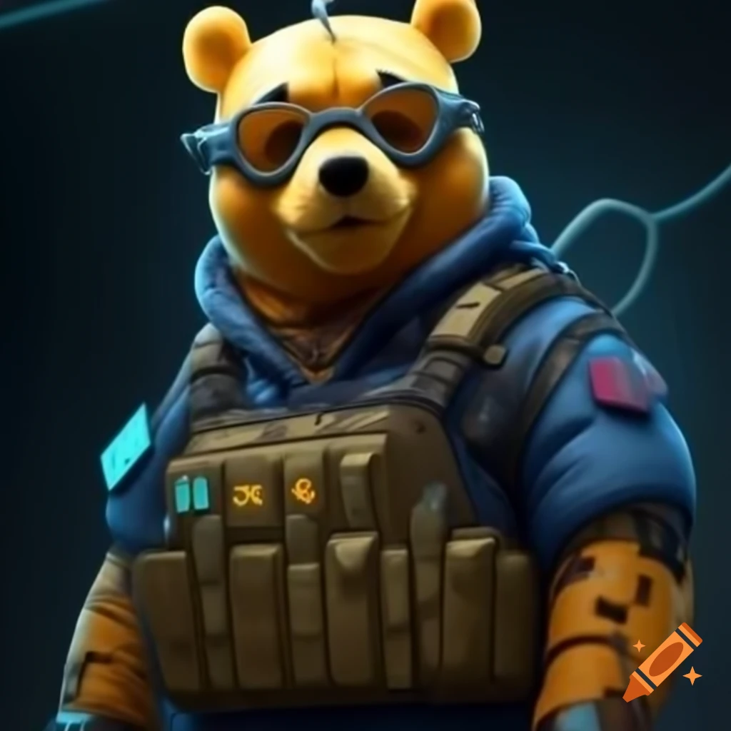 Cyberpunk cyborg version of Winnie the Pooh as military combat medic