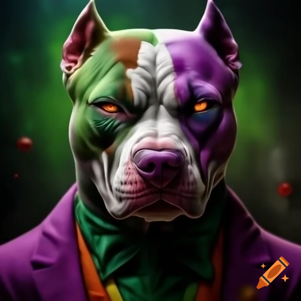 Detailed painting of a pitbull in joker attire and makeup
