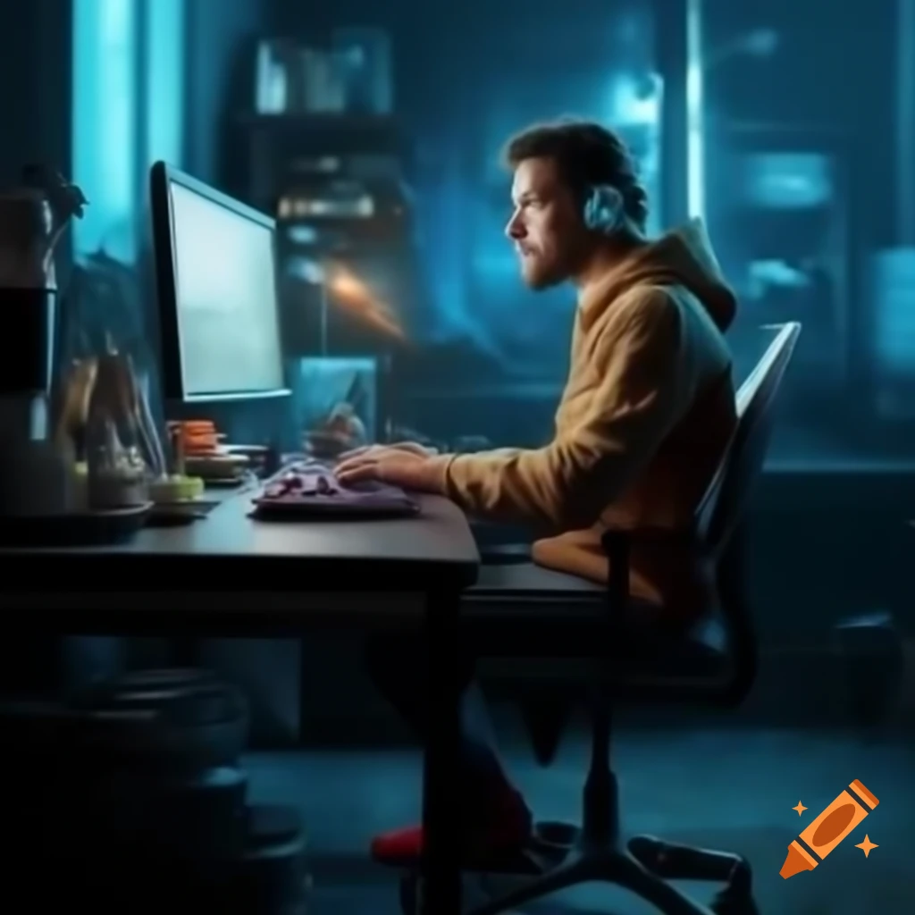 Man working at PC magically organizing dishes by pressing Shift/F7