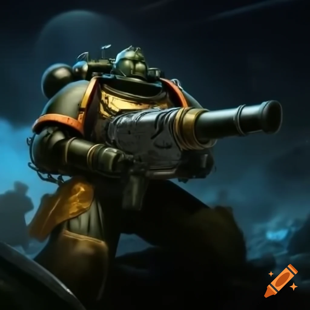 Space marine wielding large cannon in futuristic setting