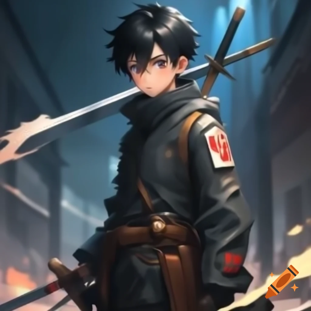 Modern Russian anime schoolboy wielding sword