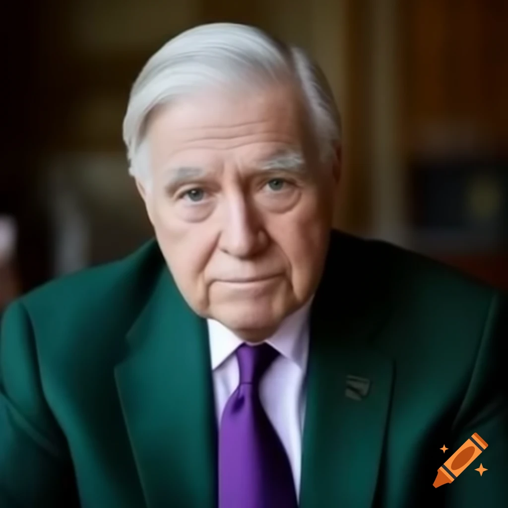 Serious 60-year-old politician in dark green suit and purple tie