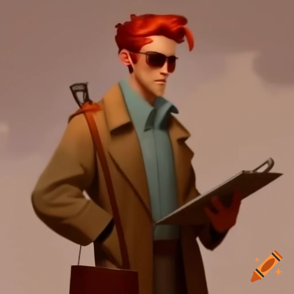 Man with red hair in trench coat and sunglasses holding clipboard for petitions