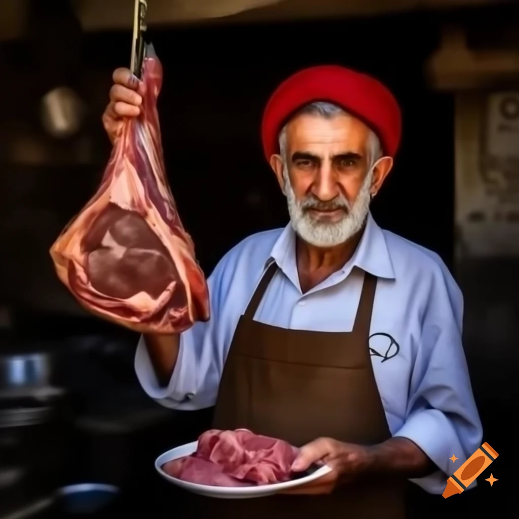 Old iranian butcher named farhad holding meat short and fit on craiyon