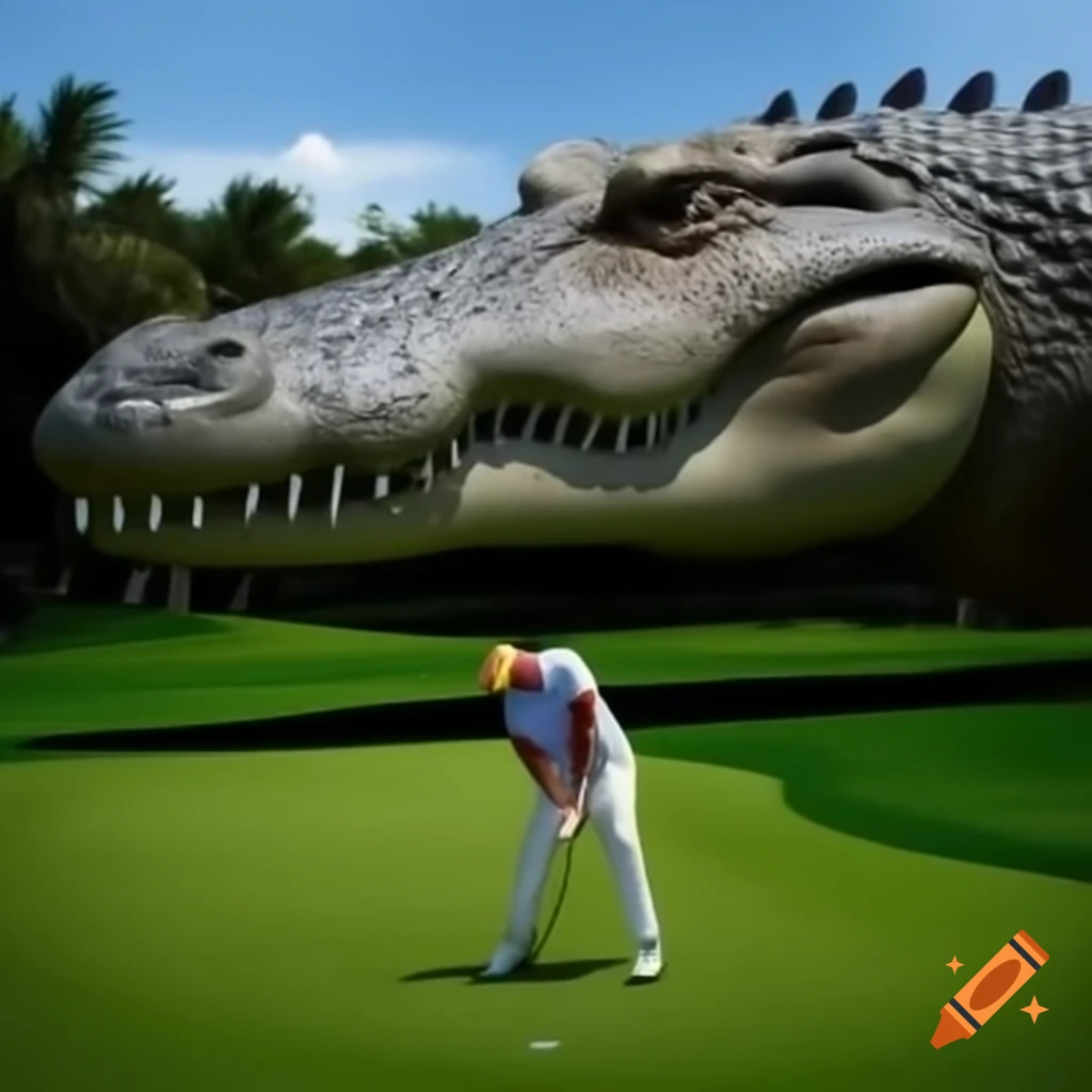 Satirical photorealistic portrait of Trump golfing while being chased by an alligator