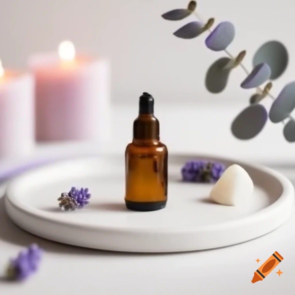 Amber dropper bottle on white tray with lavender and eucalyptus in spa setting