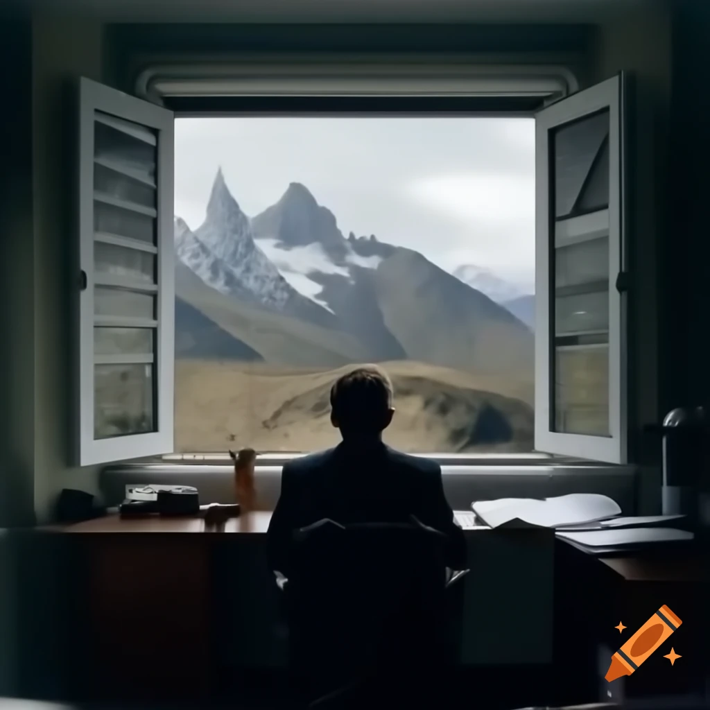 Male translating French documents with mountain view, British cup on desk