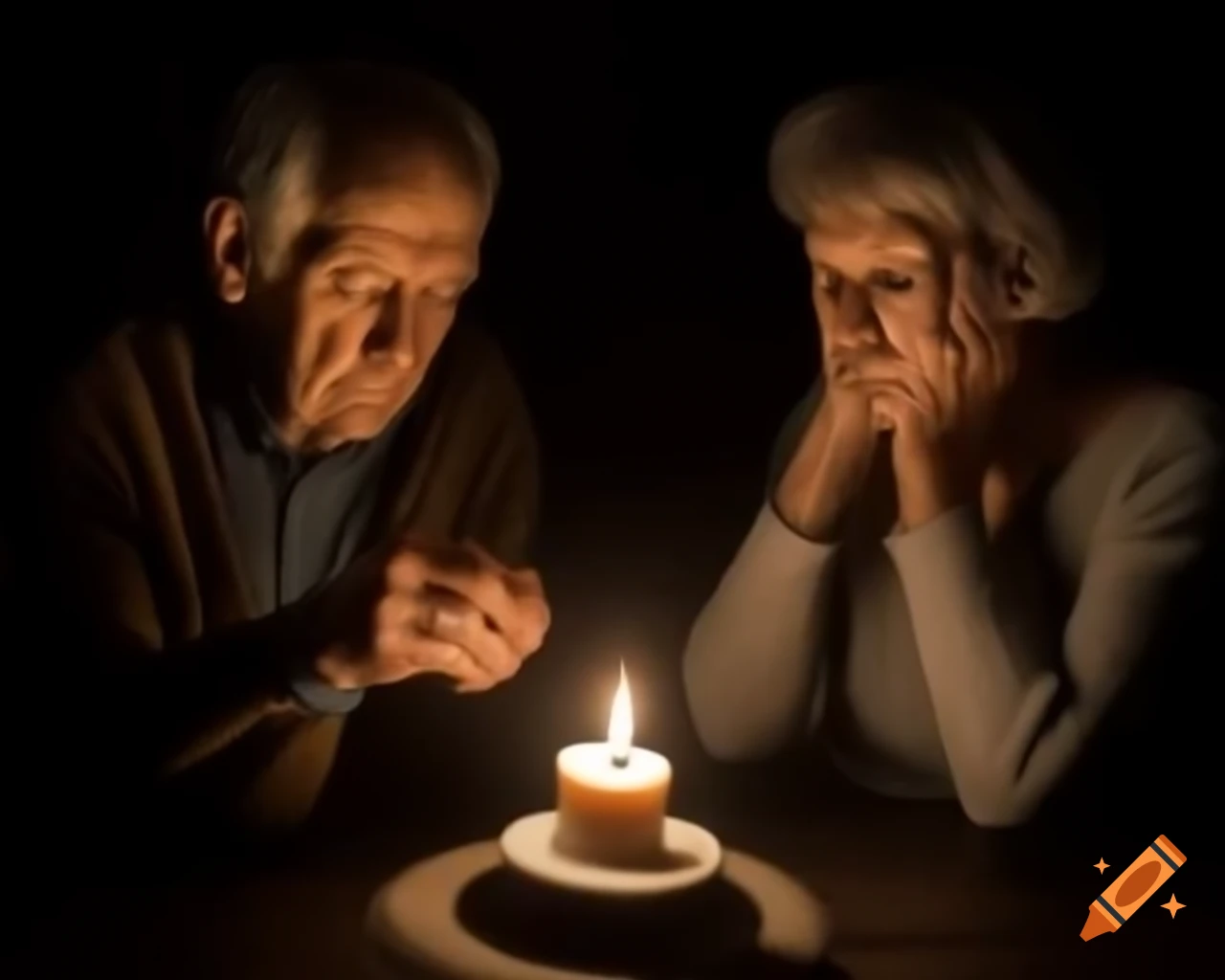 Sad elderly couple warming hands by candlelight