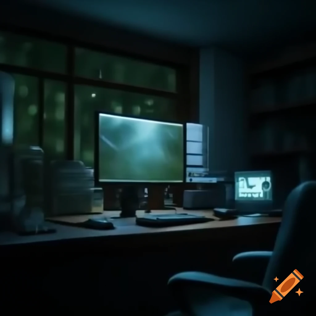 Dark room in woods with computers, nature reclaiming space