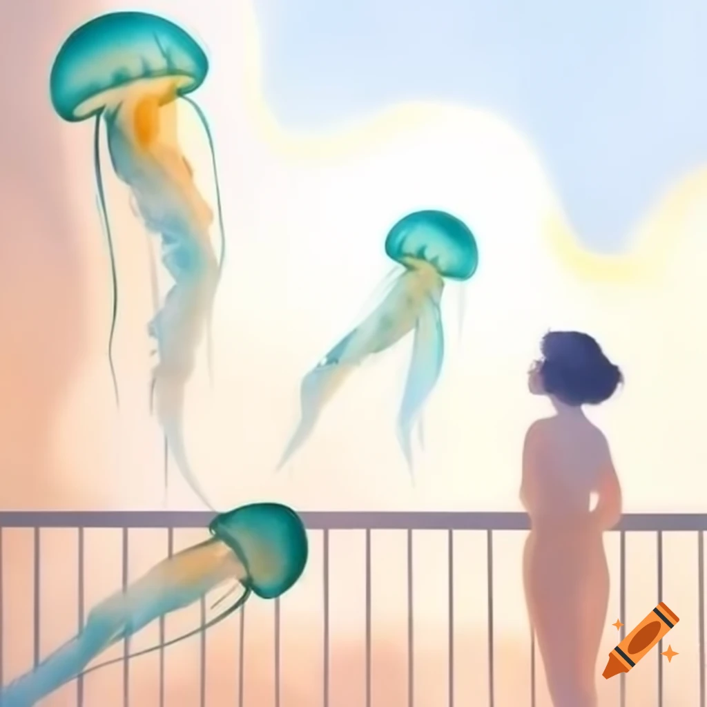 Surreal two-toned watercolor painting of glowing jellyfish near a balcony
