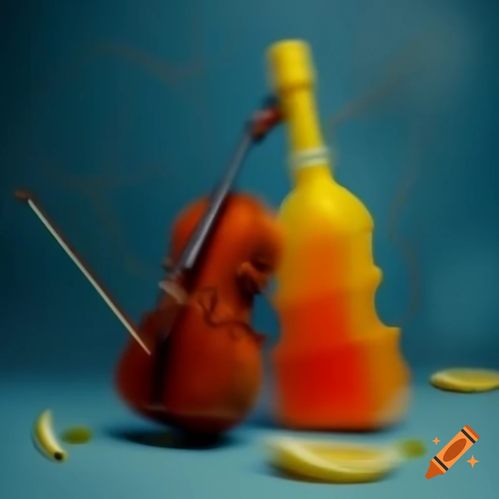 Surreal art piece merging classic cello with bright lemoncello bottle