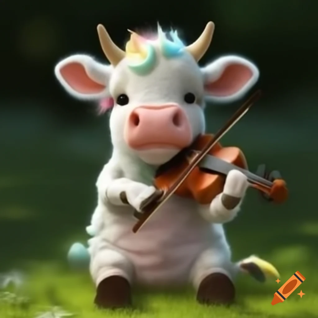 Cow playing carols on violin for unicorn