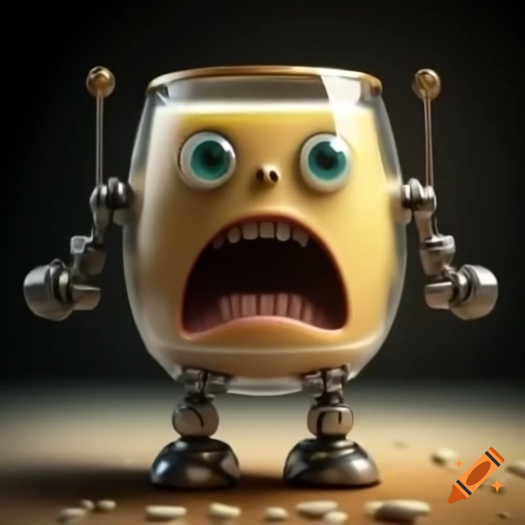 Robotic drumkit with robot face alongside animated glass of eggnog