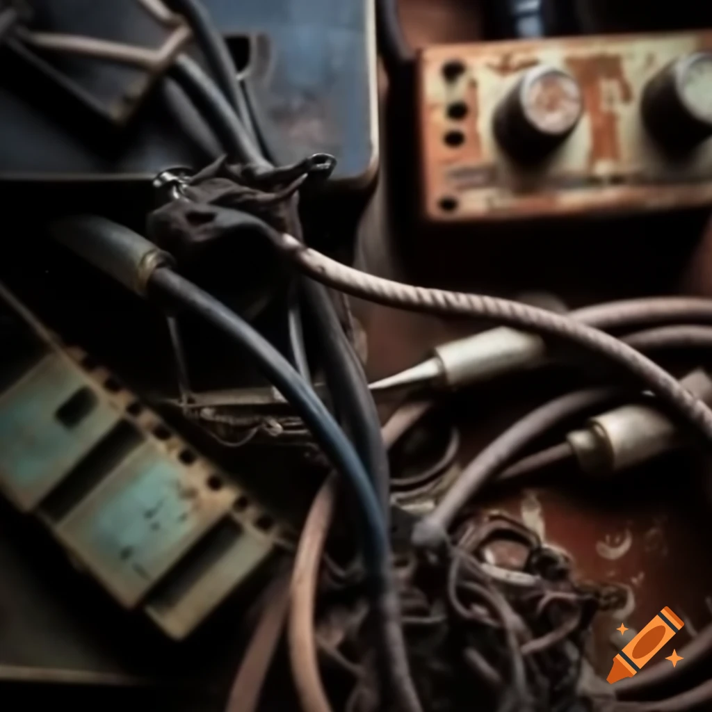 Tangled vintage audio cables and rusted consoles