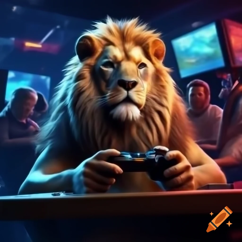 Lion engaged in playing video game