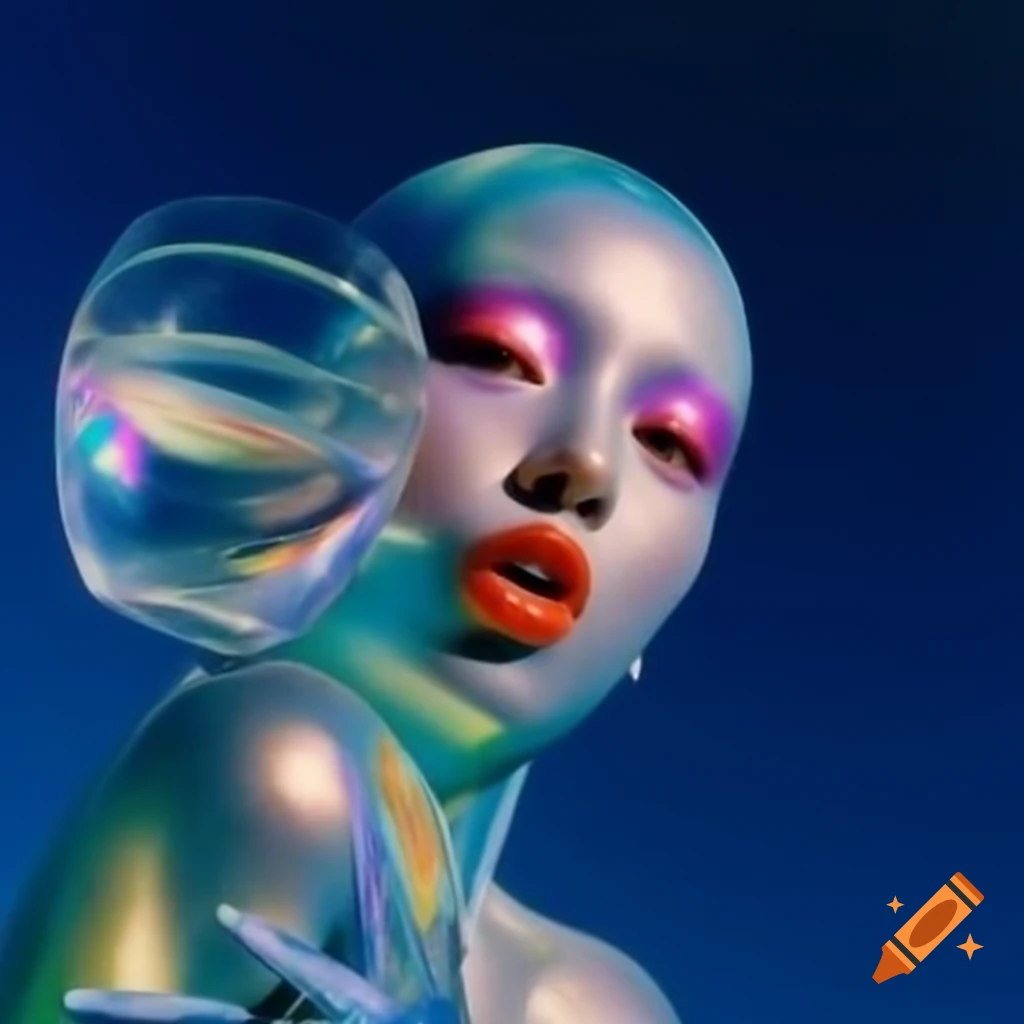 Pop surreal photography featuring iridescent glass statue