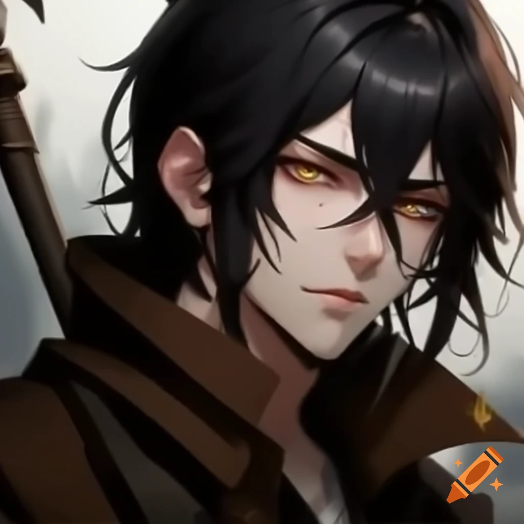 Anime character with braided dark brown hair and brownish yellow eyes in dark brown overcoat