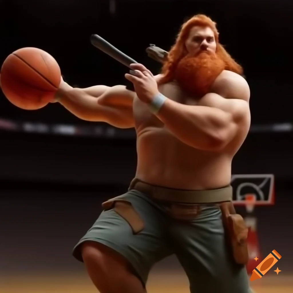 Large red-bearded man shooting basketball