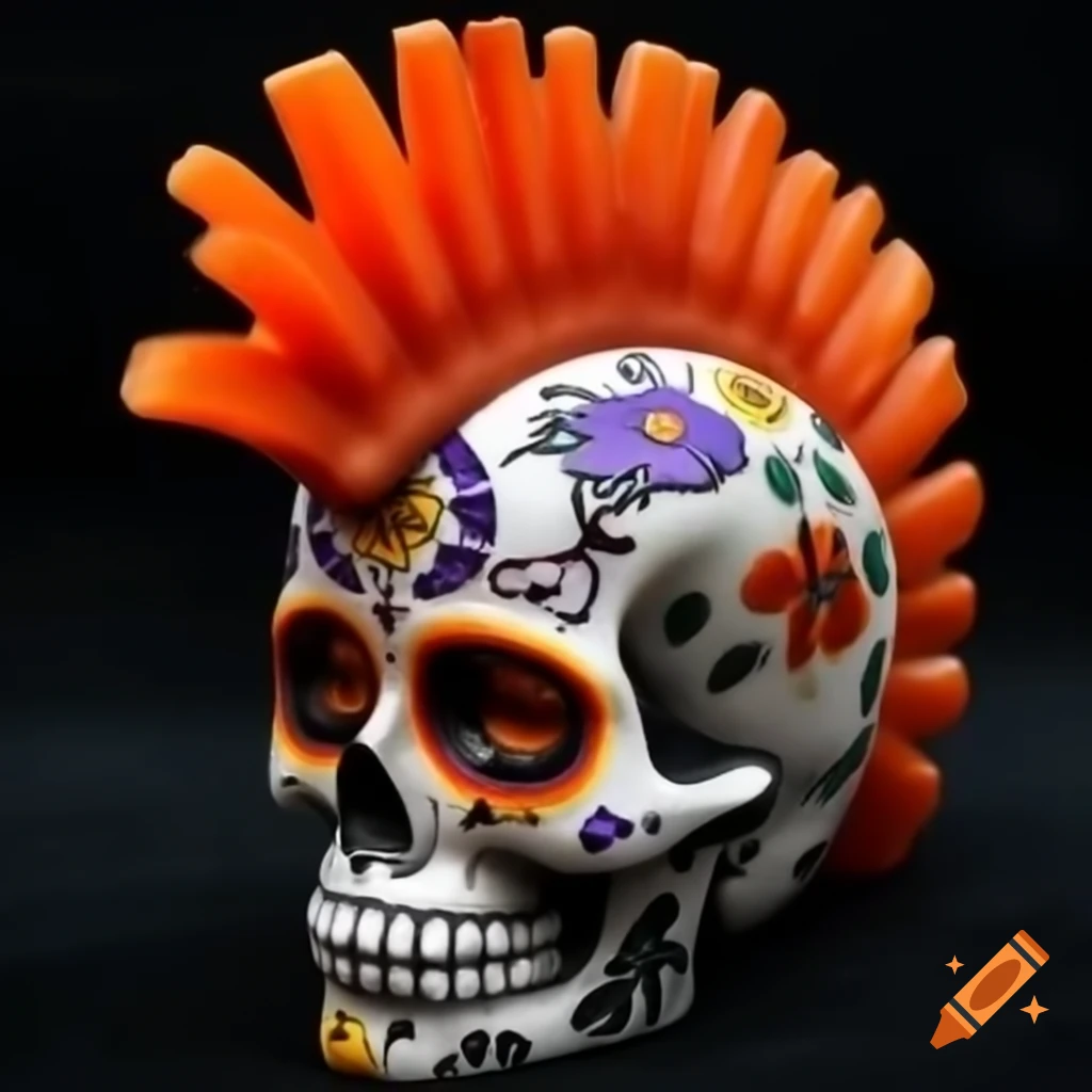 Punk rock Día de Muertos sugar skull with orange mohawk